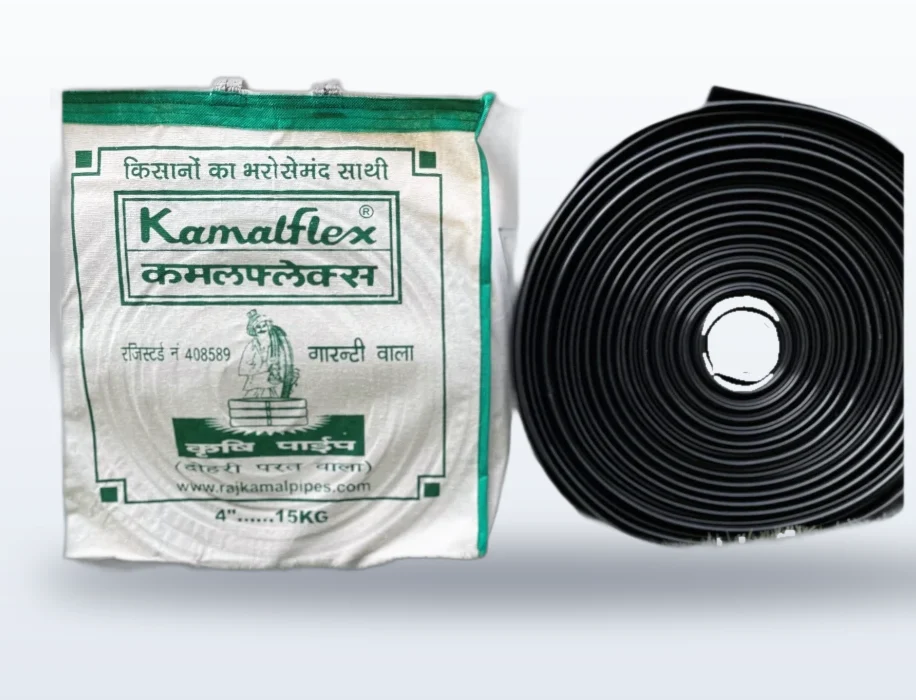 A Kamalflex Krishi bag next to a roll of black lay flat hose